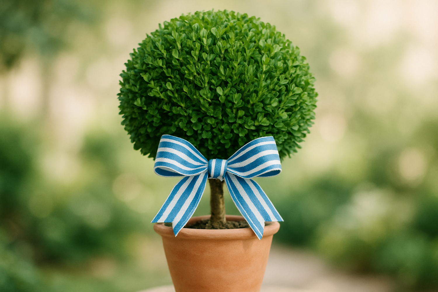 boxwood topiary with blue and white stripe bow