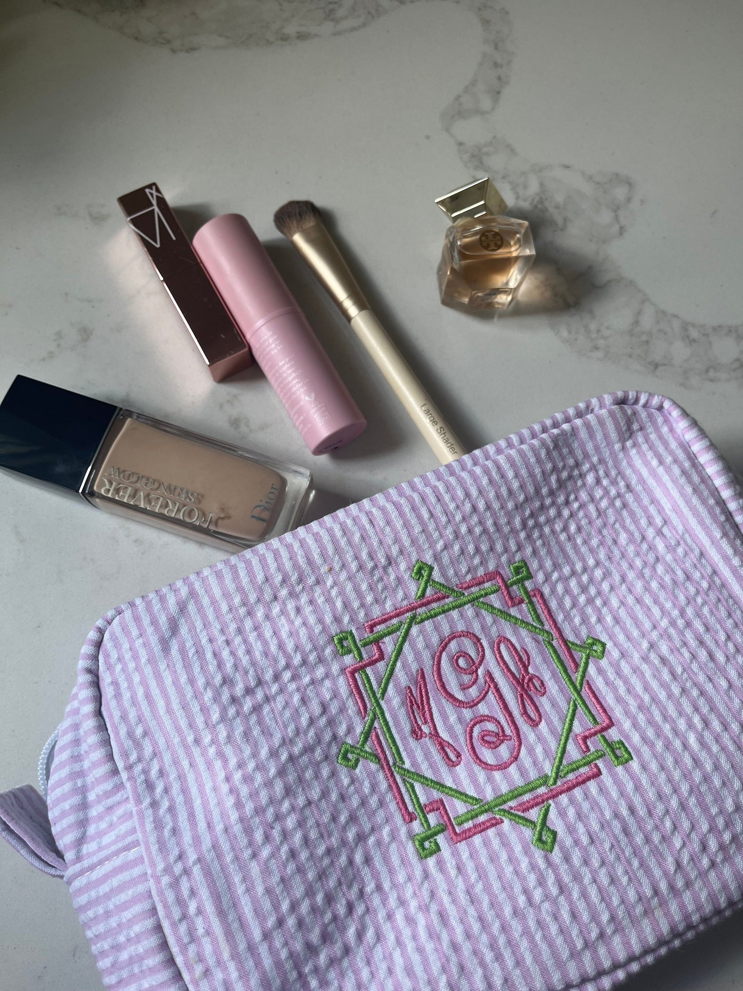 Personalized Monogrammed Seersucker Makeup Bag, Monogrammed Personalized Women's Toiletry Bag, Children's Embroidered Everything Bag & Case