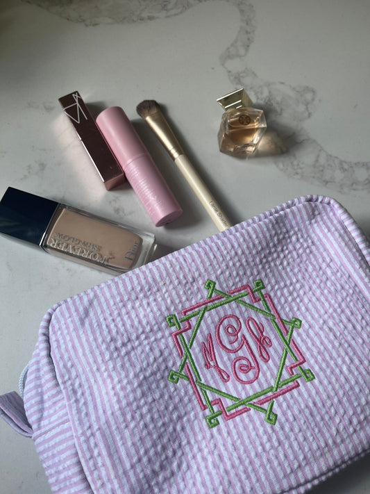 Personalized Monogrammed Seersucker Makeup Bag, Monogrammed Personalized Women's Toiletry Bag, Children's Embroidered Everything Bag & Case