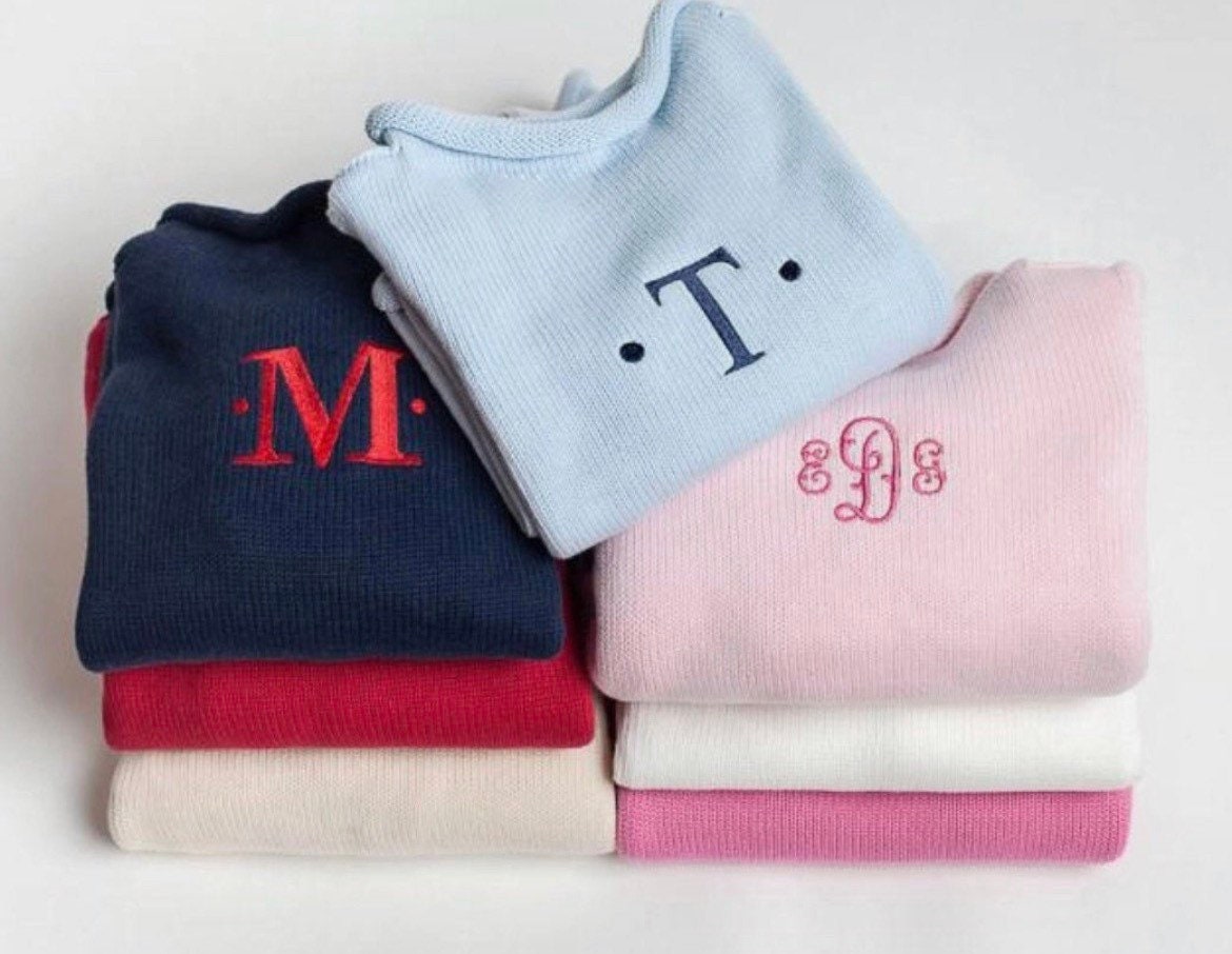 Rollneck Monogrammed Knit Sweater | Child's Personalized Sweater | Pink Floral Sweater | Classic | Preppy| Long Sleeve Embroidered Pullover