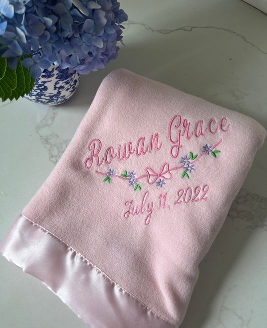 Personalized Baby Blanket, Satin Trimmed Baby Blanket, Embroidered Infant Blanket with Satin Trim, Welcome Gift, Baby Shower Present