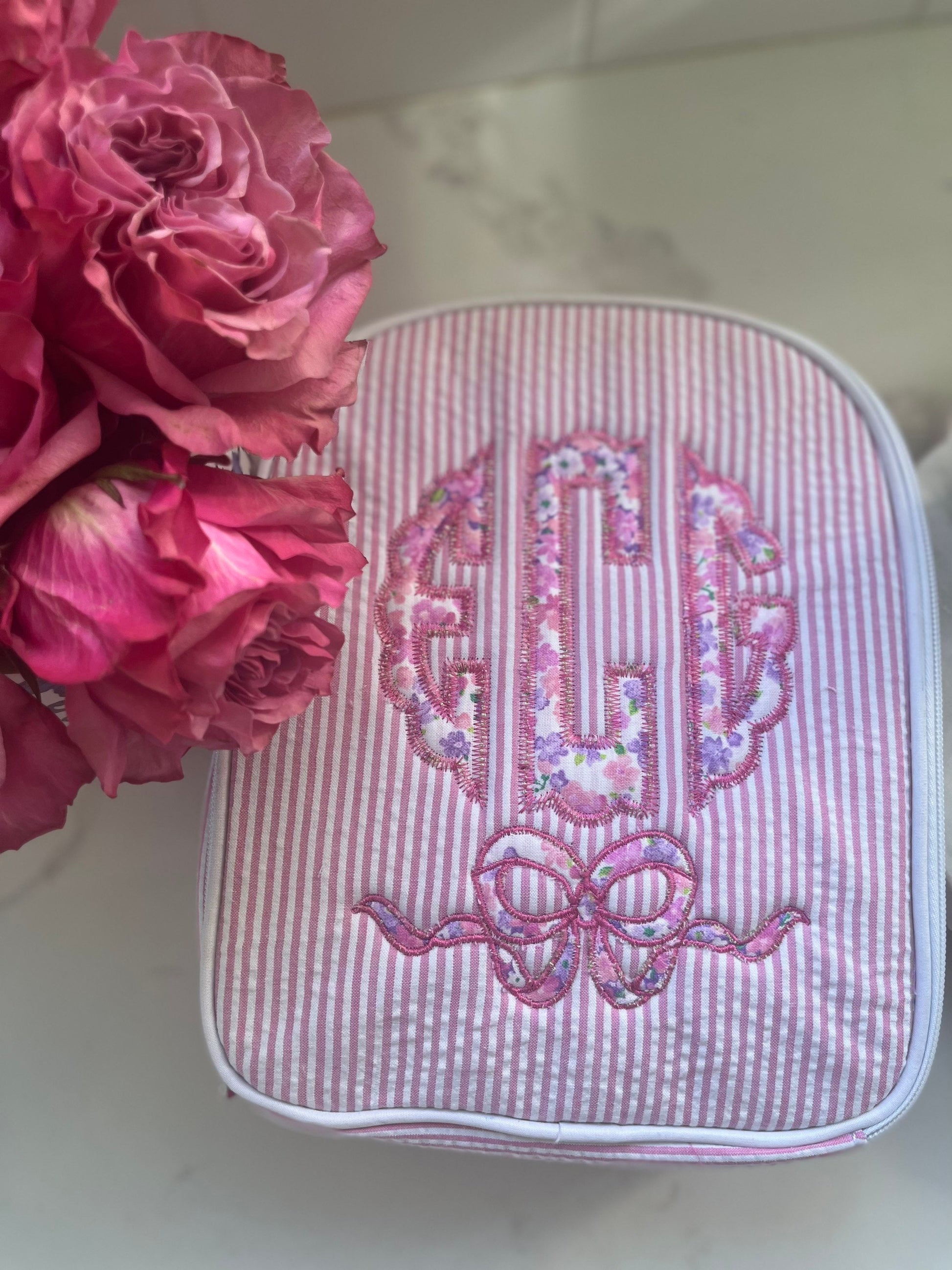 Monogrammed Seersucker Lunch Box, Personalized Child's Lunch Box, Embroidered School Lunch Box, Applique Insulated Lunch Bag, Seersucker Bag