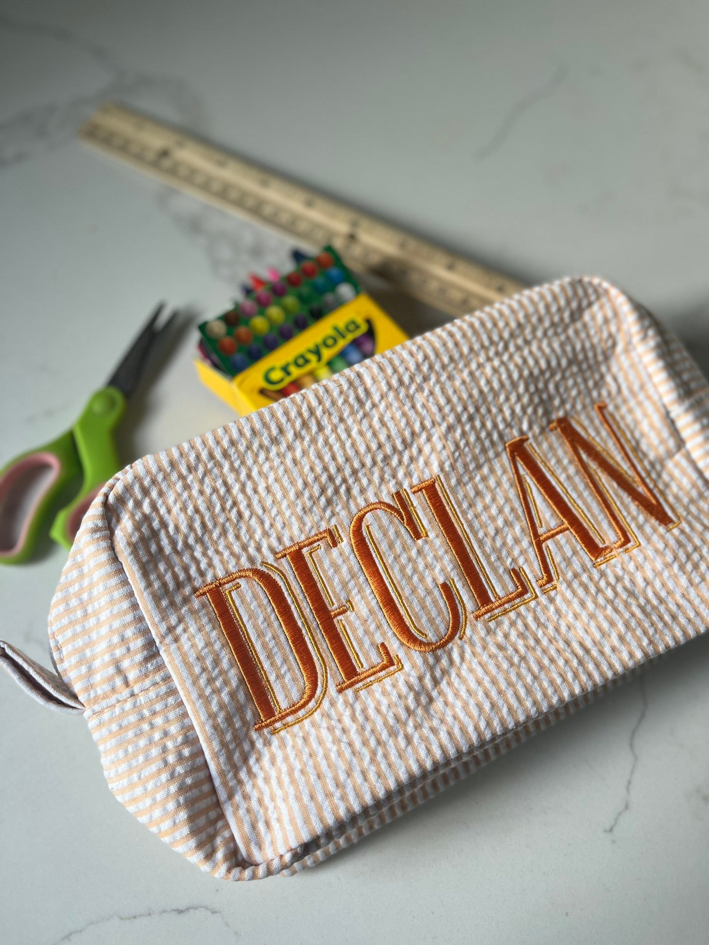 Personalized Monogrammed Seersucker Pencil Case, Shadow Monogram Pencil Box, Children's Embroidered Everything Bag, Back to School