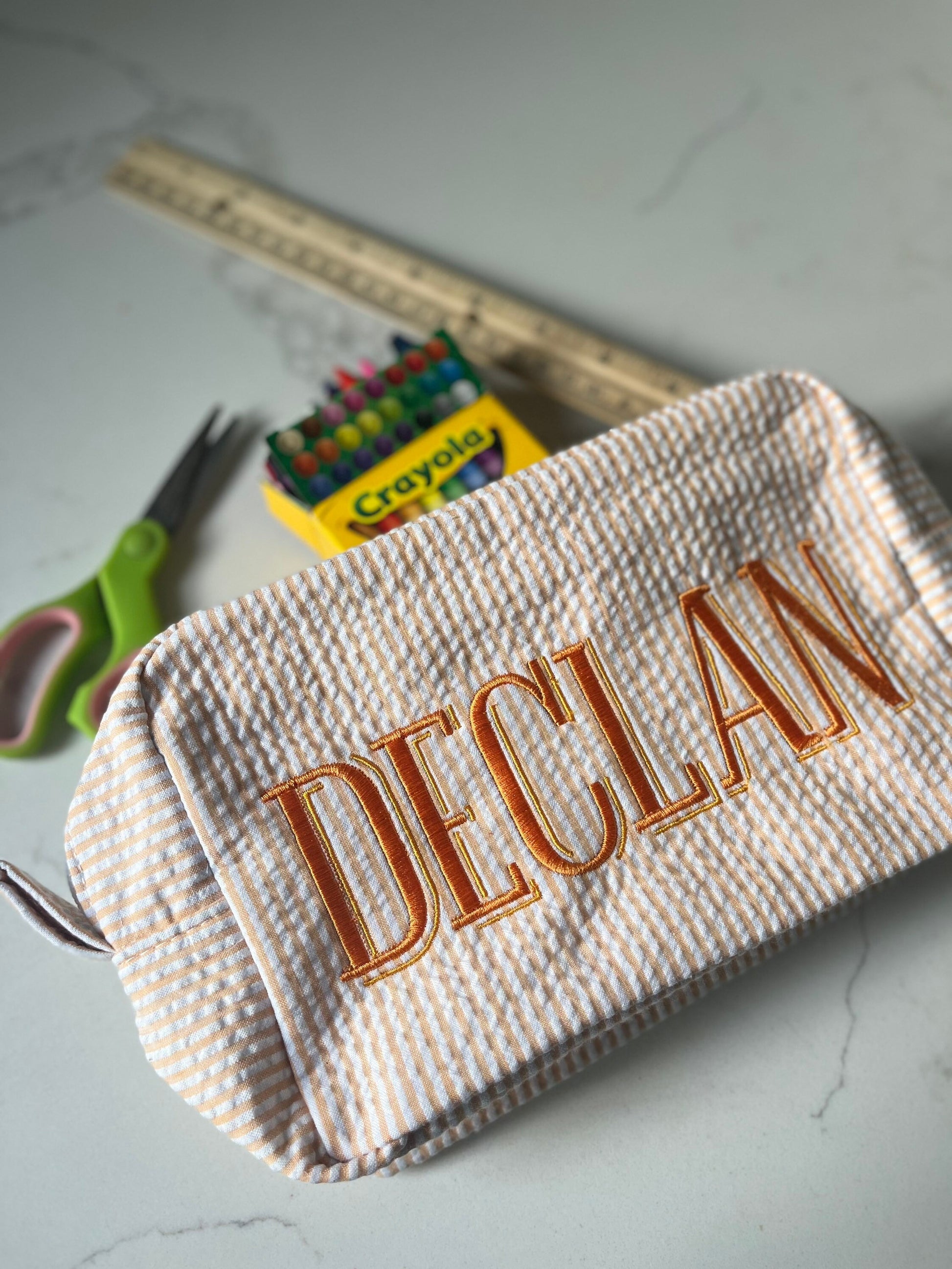 Personalized Monogrammed Seersucker Pencil Case, Shadow Monogram Pencil Box, Children's Embroidered Everything Bag, Back to School