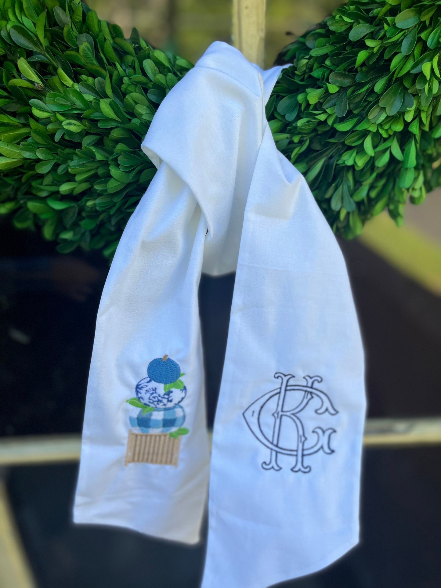 Monogrammed Pumpkin Wreath Sash, Personalized Fall Wreath Sash, Embroidered Wreath Sash, Monogrammed Wreath, Fall Chinoiserie Pumpkin Sash