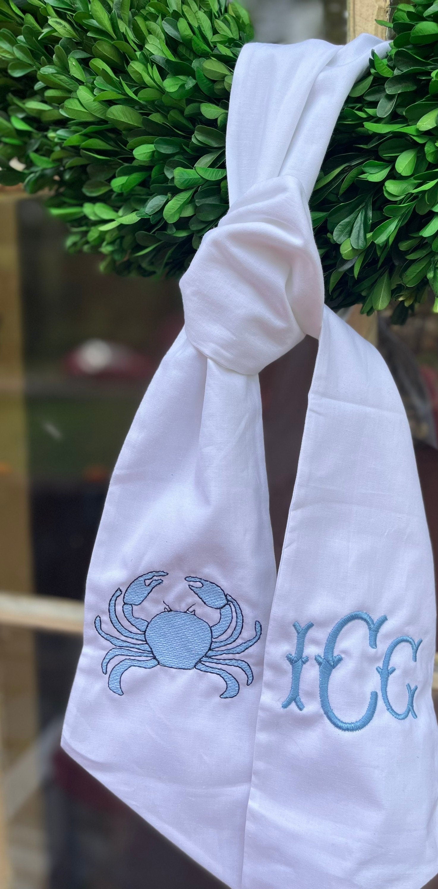 Monogrammed Wreath Sash, Personalized Wreath Sash, Embroidered Wreath Sash, Monogrammed Wreath, Crab Wreath Sash, Coastal, Hostess Gift,