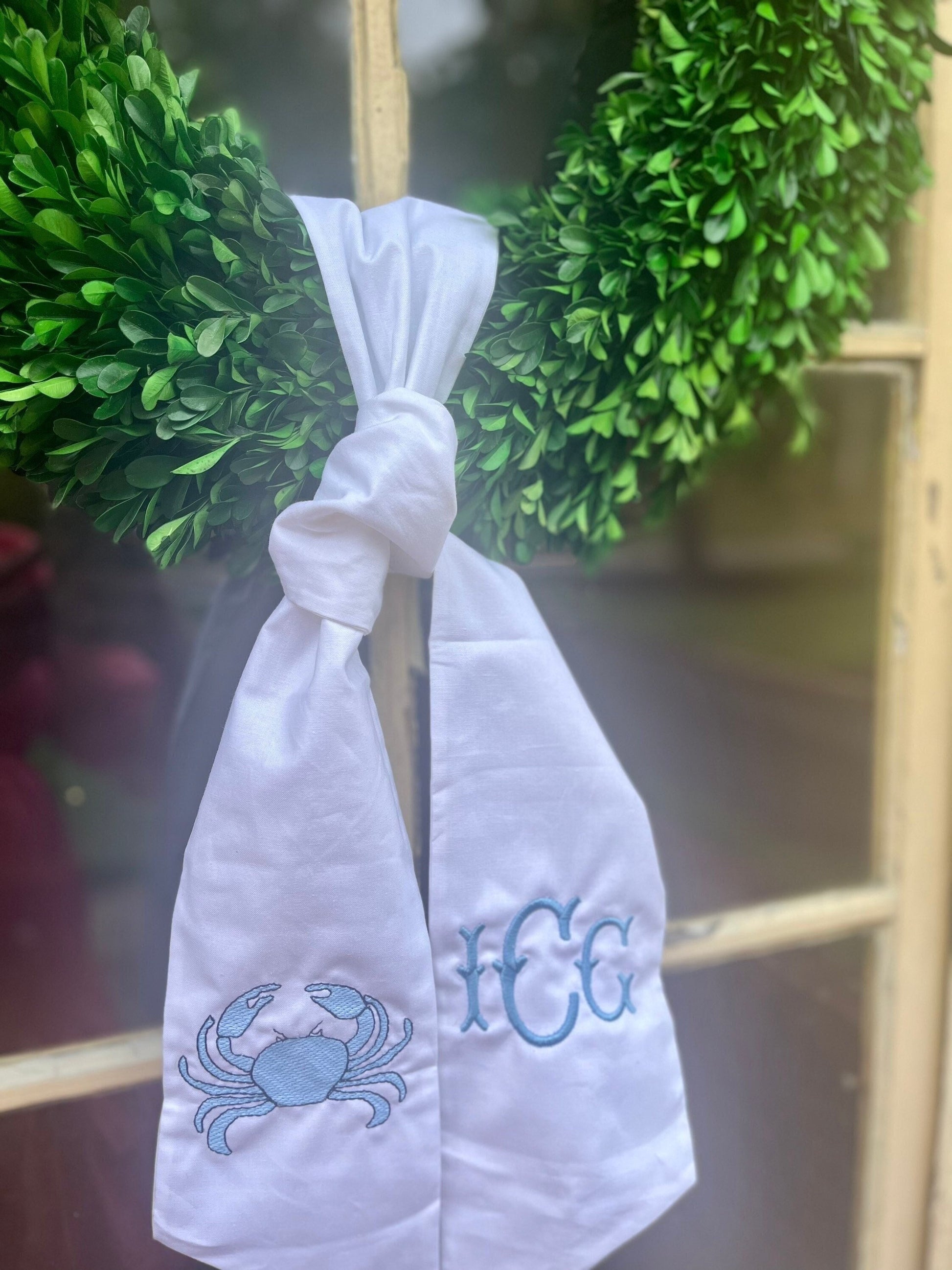 Monogrammed Wreath Sash, Personalized Wreath Sash, Embroidered Wreath Sash, Monogrammed Wreath, Crab Wreath Sash, Coastal, Hostess Gift,