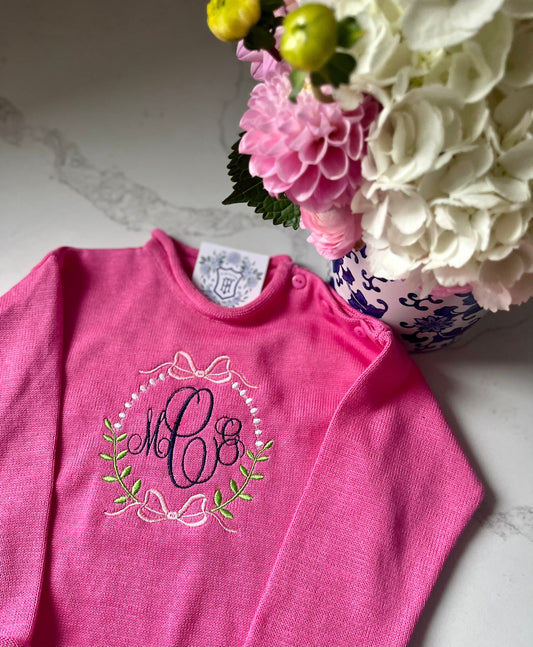 Rollneck Monogrammed Knit Sweater | Child's Personalized Sweater | Pink Floral Sweater | Classic | Preppy| Long Sleeve Embroidered Pullover