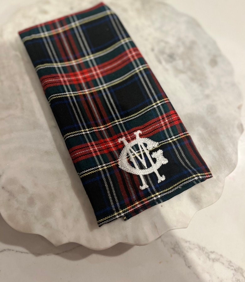 Christmas Tartan Plaid Monogrammed Napkins, Personalized Tartan Napkins, Christmas Embroidered Tartan Napkin Set, Monogrammed Napkins