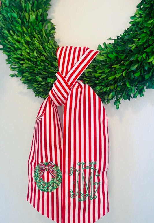 Monogrammed Christmas Wreath Sash, Christmas Personalized Red Sash, Embroidered Wreath Sash, Red Striped Christmas Sash, Christmas Wreath