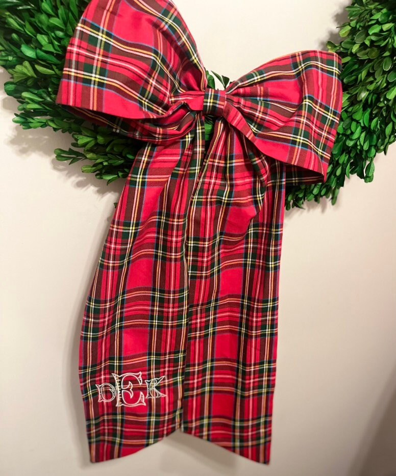 Monogrammed Christmas Wreath Bow Sash, Christmas Personalized Tartan Sash, Embroidered Wreath Sash, Tartan Christmas Sash, Plaid Wreath Sash