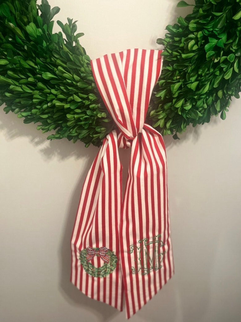 Monogrammed Christmas Wreath Sash, Christmas Personalized Red Sash, Embroidered Wreath Sash, Red Striped Christmas Sash, Christmas Wreath