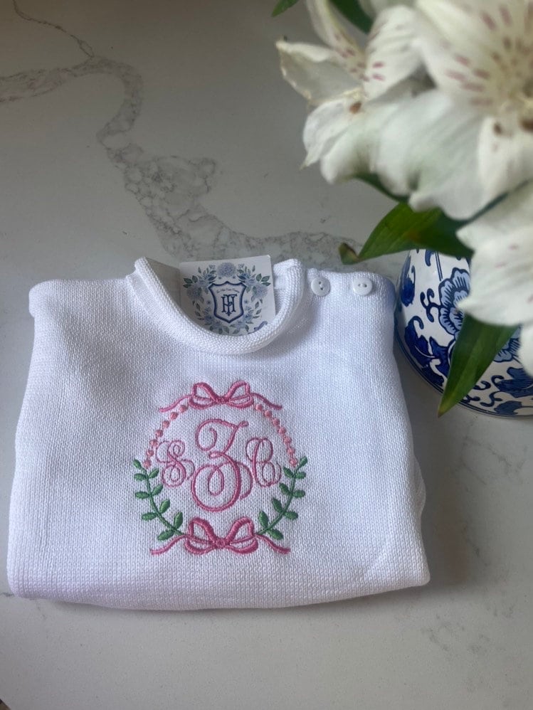 Rollneck Monogrammed Knit Sweater | Child's Personalized Sweater | Pink Floral Sweater | Classic | Preppy| Long Sleeve Embroidered Pullover