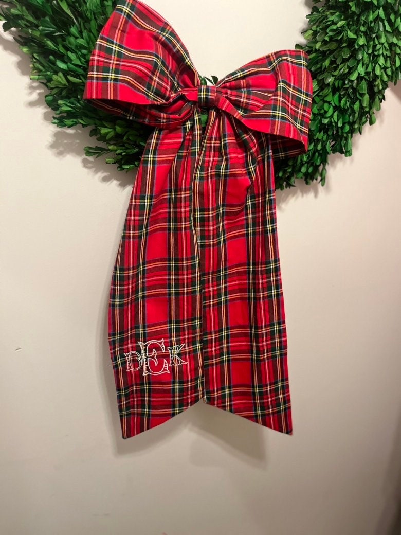 Monogrammed Christmas Wreath Bow Sash, Christmas Personalized Tartan Sash, Embroidered Wreath Sash, Tartan Christmas Sash, Plaid Wreath Sash