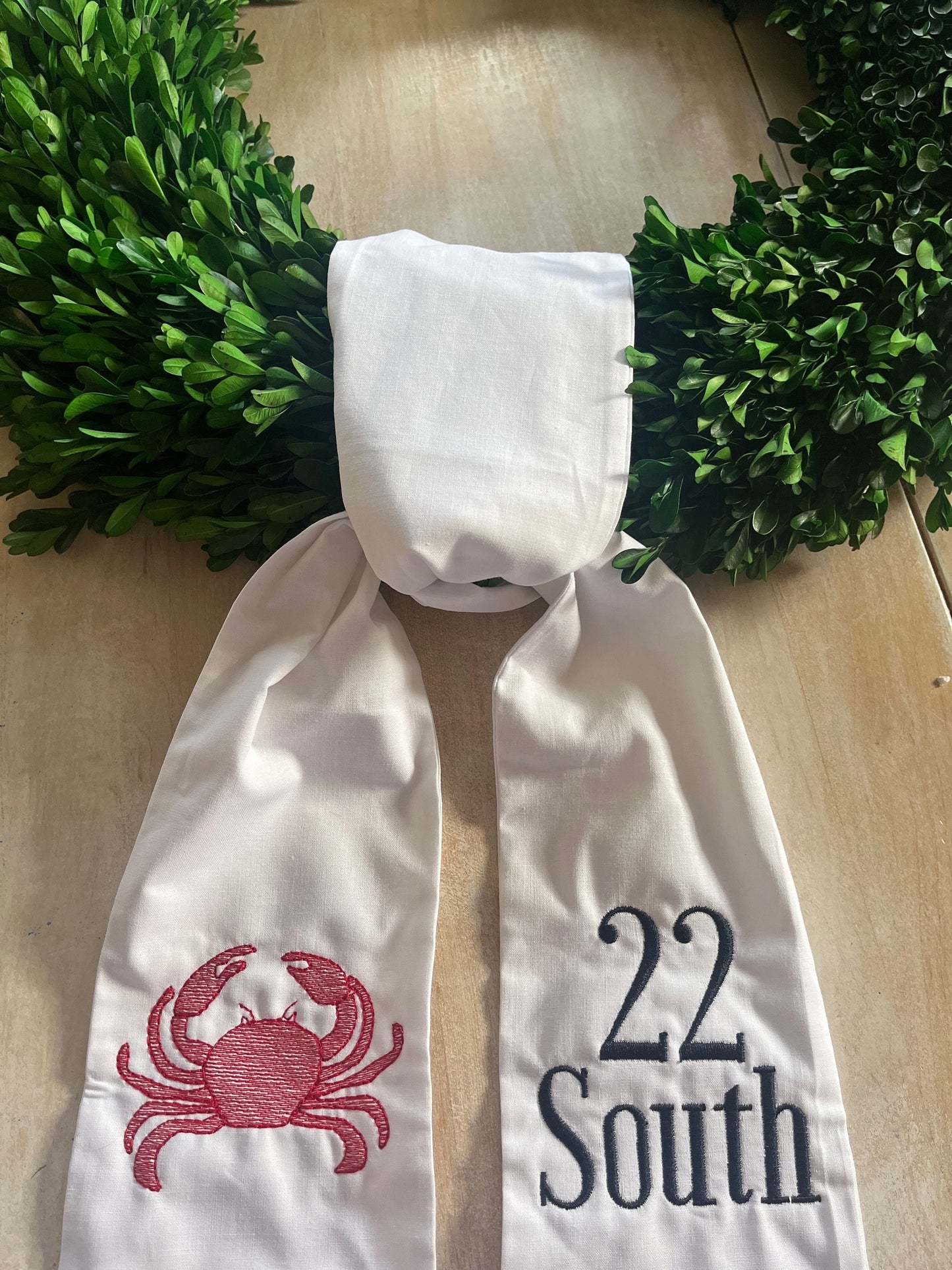 Monogrammed Wreath Sash, Personalized Wreath Sash, Embroidered Wreath Sash, Monogrammed Wreath, Crab Wreath Sash, Coastal, Hostess Gift,