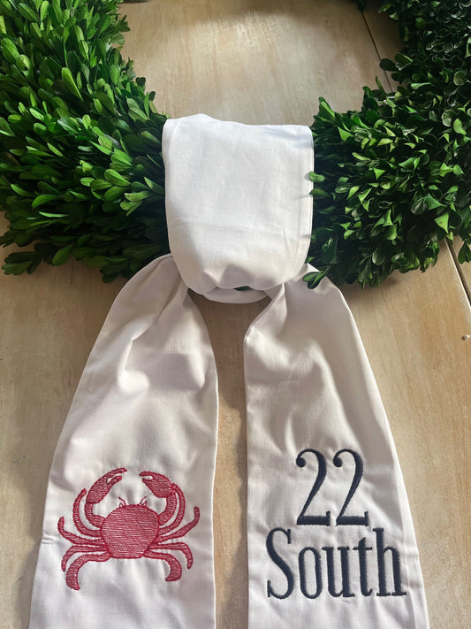 Monogrammed Wreath Sash, Personalized Wreath Sash, Embroidered Wreath Sash, Monogrammed Wreath, Crab Wreath Sash, Coastal, Hostess Gift,