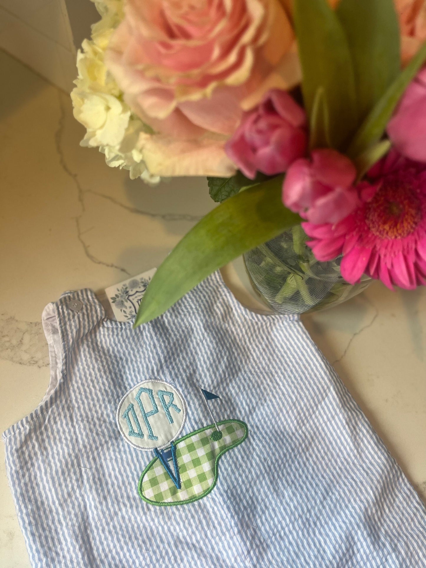 Monogrammed Seersucker Shortall, Personalized Birthday Outfit, Monogrammed Birthday Outfit, Personalized Hole in One Outfit, First Birthday