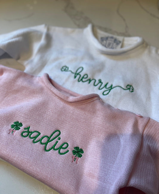 Shamrock Monogrammed Knit Shirt | St. Patrick's Day Personalized Shirt | Monogram Shirt | Child's Shamrock Shirt| Notre Dame Sweater