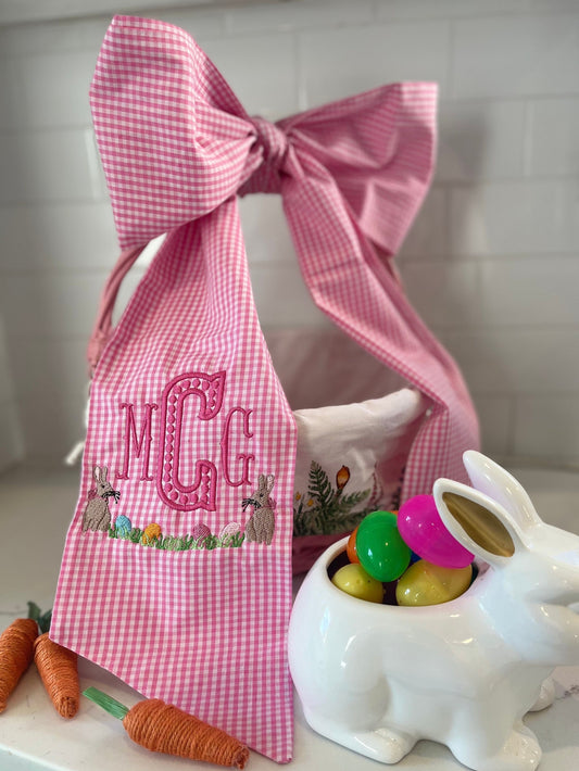 Monogrammed Easter Basket Bow, Personalized Easter Basket Sash, Embroidered Bunny Basket Gingham Bow, Monogrammed Seersucker Easter Bow