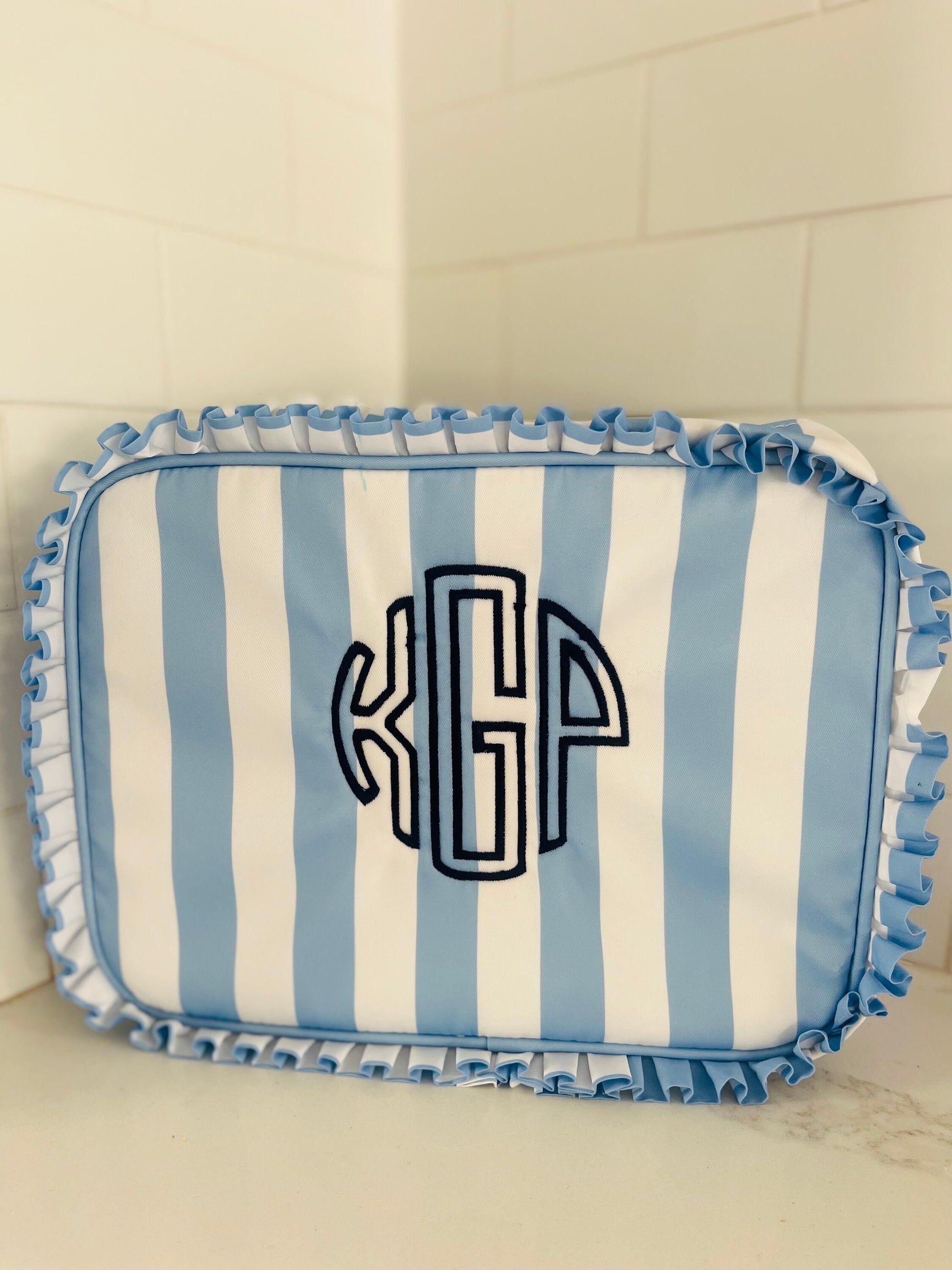 Personalized Monogrammed Ruffle Makeup Bag, Monogrammed Personalized Women's Ruffle Toiletry Bag, Personalized Embroidered Everything Bag