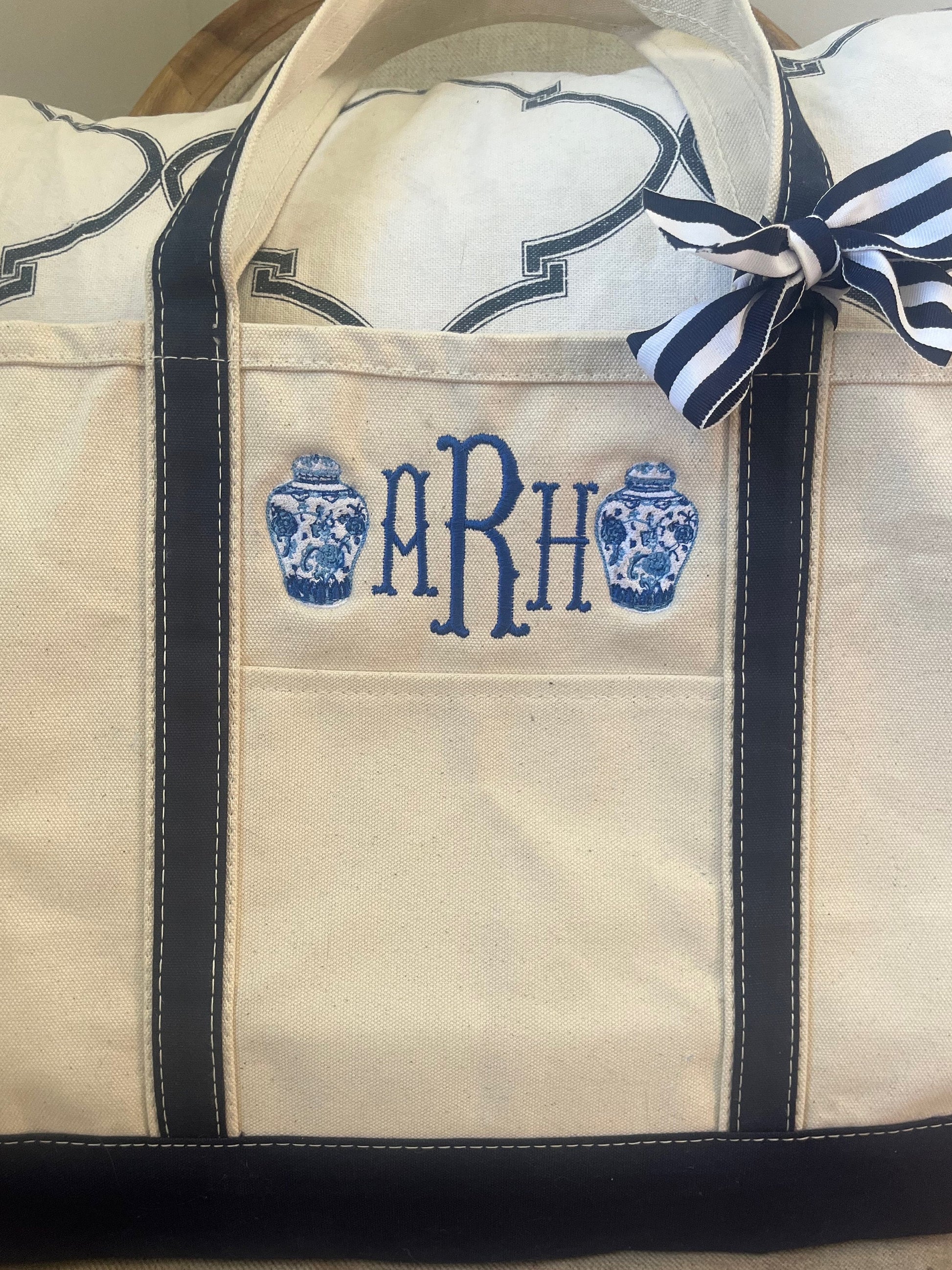 Monogrammed Ginger Jar Bag, Personalized Canvas Boat Tote Bag, Chinoiserie Bag, Personalized Diaper Bag, Pet Bag, Monogram Large Tote Bag