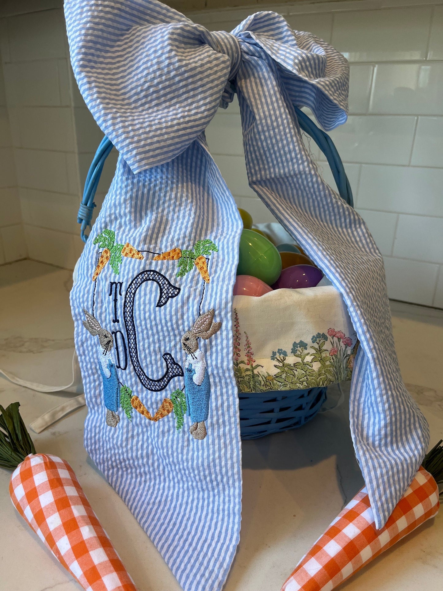 Monogrammed Easter Basket Bow, Personalized Easter Basket Sash, Embroidered Bunny Basket Gingham Bow, Monogrammed Seersucker Easter Bow