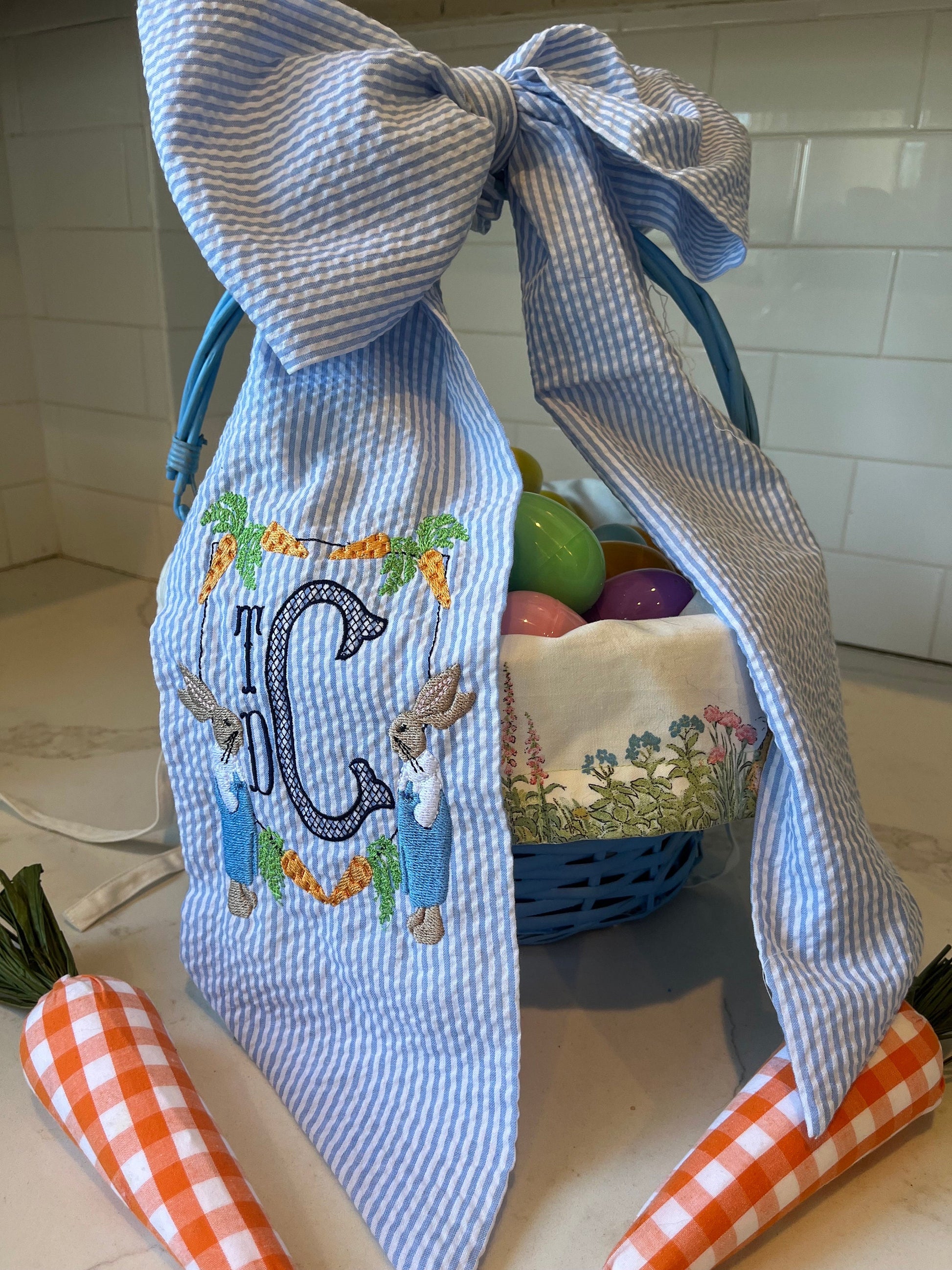 Monogrammed Easter Basket Bow, Personalized Easter Basket Sash, Embroidered Bunny Basket Gingham Bow, Monogrammed Seersucker Easter Bow