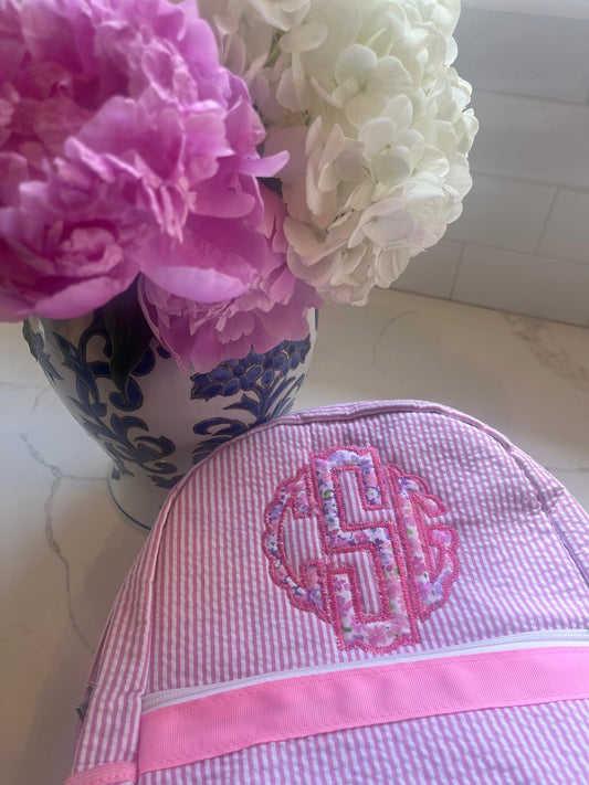 Monogrammed Seersucker Ruffle Backpack, Personalized Toddler Backpack, Embroidered School Backpack, Applique Monogrammed Backpack, Backpack
