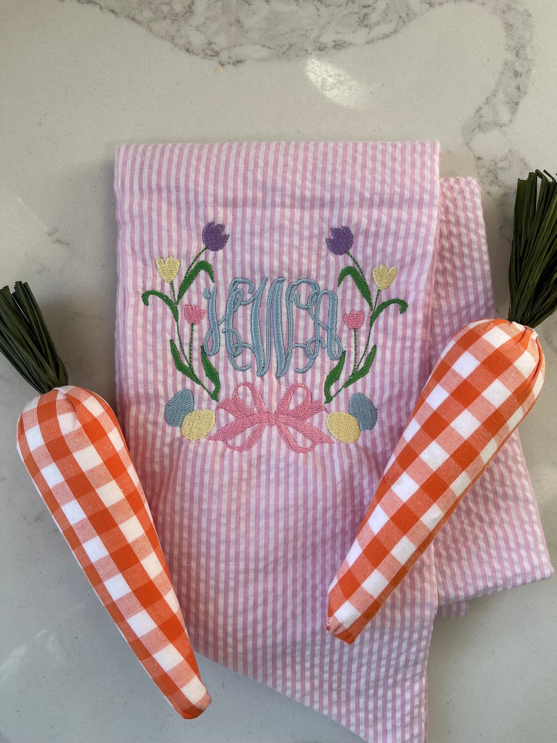 Monogrammed Easter Basket Bow, Personalized Easter Basket Sash, Embroidered Bunny Basket Gingham Bow, Monogrammed Seersucker Easter Bow