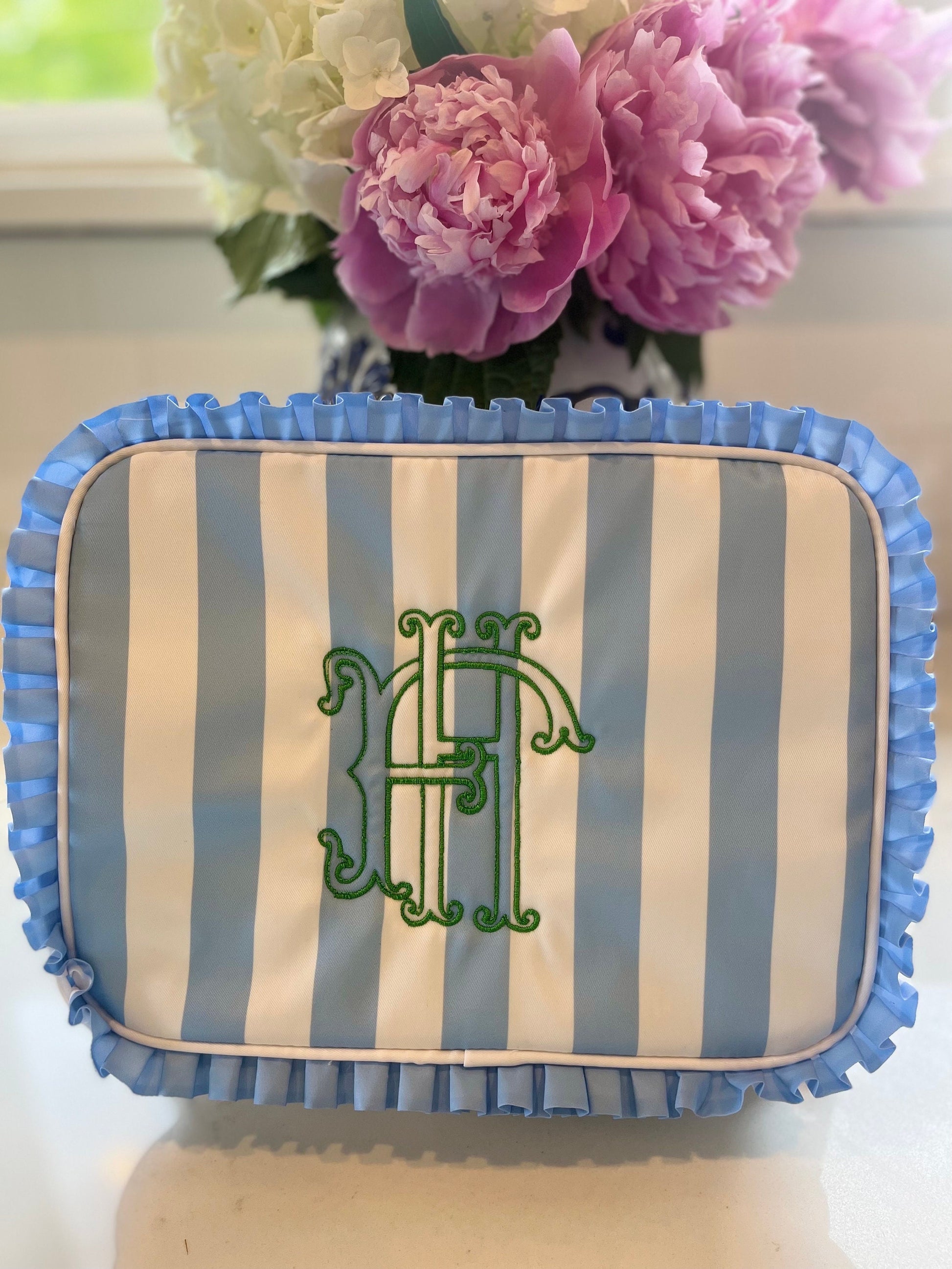 Personalized Monogrammed Ruffle Makeup Bag, Monogrammed Personalized Women's Ruffle Toiletry Bag, Personalized Embroidered Everything Bag