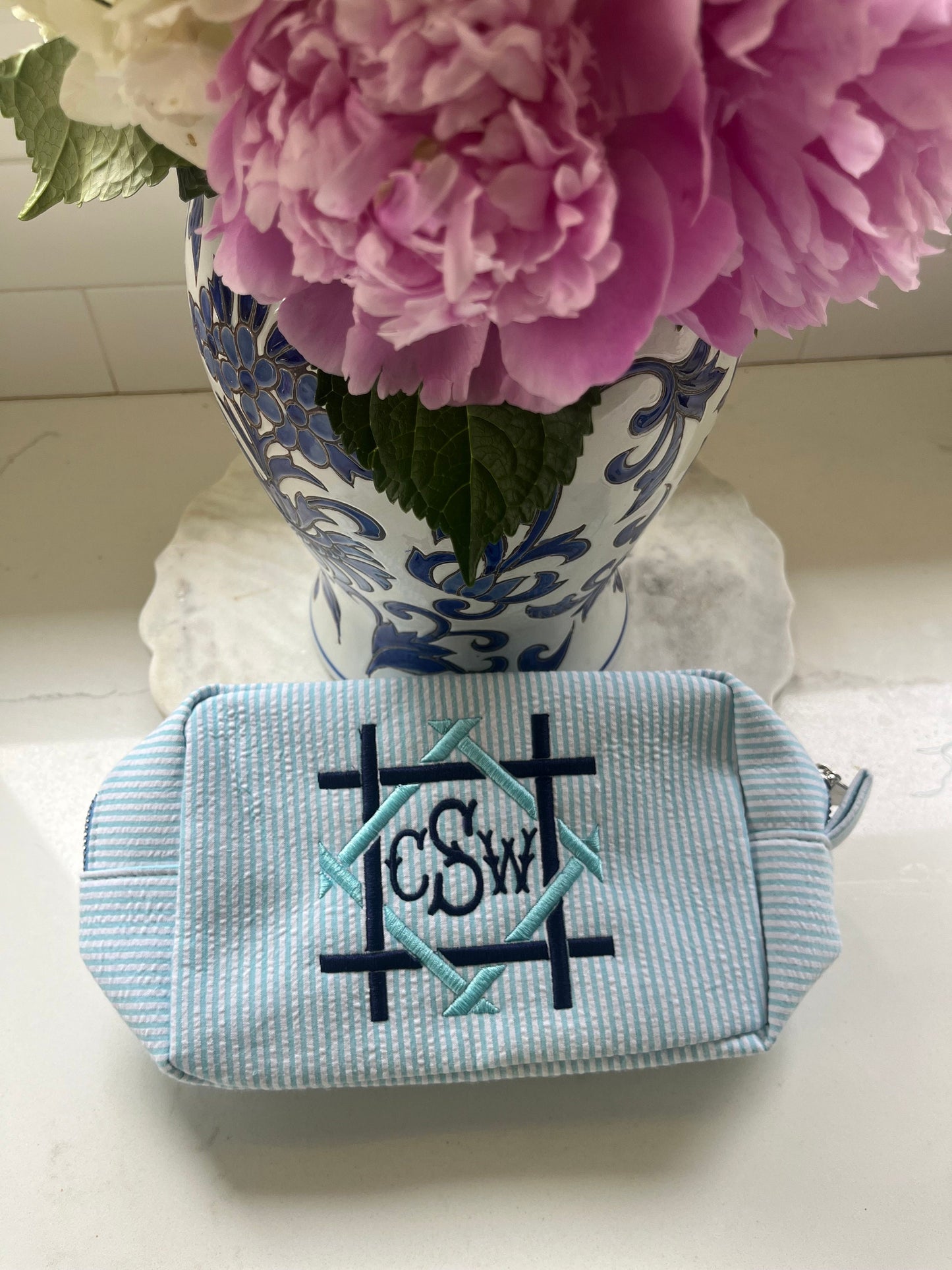 Personalized Monogrammed Seersucker Makeup Bag, Monogrammed Personalized Women's Toiletry Bag, Children's Embroidered Everything Bag & Case