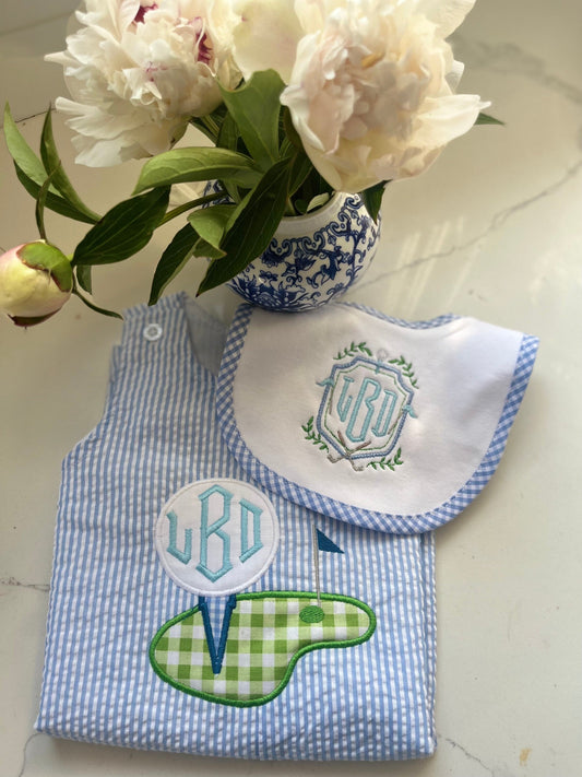 Monogrammed Seersucker Shortall, Personalized Birthday Outfit, Monogrammed Birthday Outfit, Personalized Hole in One Outfit, First Birthday