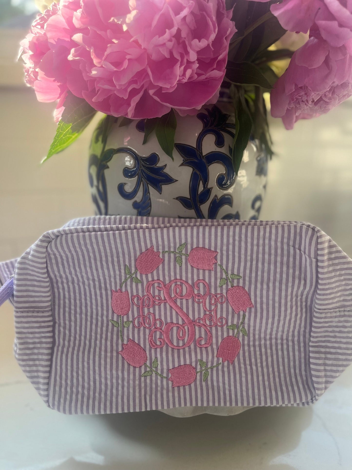 Personalized Monogrammed Seersucker Makeup Bag, Monogrammed Personalized Women's Toiletry Bag, Children's Embroidered Everything Bag & Case