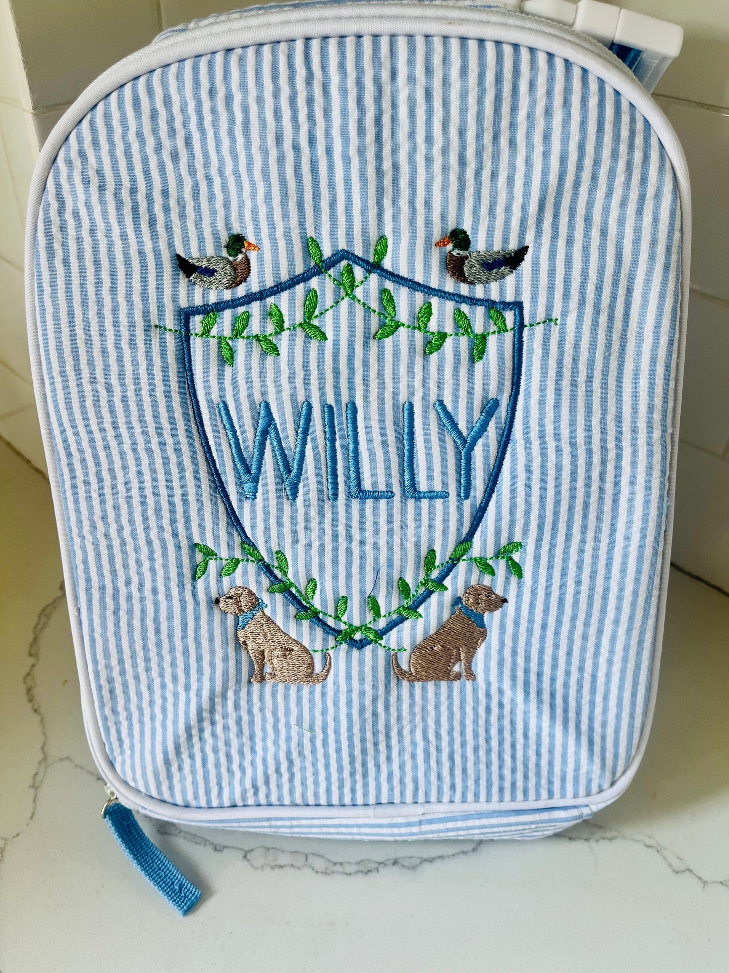 Monogrammed Seersucker Lunch Box, Personalized Child's Lunch Box, Embroidered School Lunch Box, Applique Insulated Lunch Bag, Seersucker Bag
