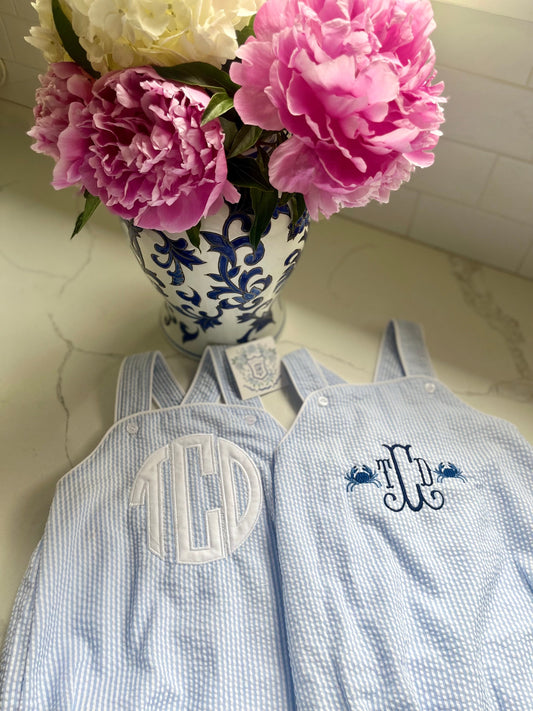 Monogrammed Seersucker Bubble, Personalized Boy Outfit, Monogrammed Bubble, Personalized Boy Shortall, Applique Seersucker Bubble