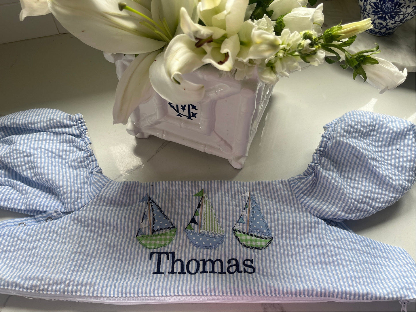 Monogrammed Puddle Jumper Cover, Seersucker Monogrammed Puddle Jumper Cover, Personalized Swim Cover, Applique Puddle Jumper Cover,