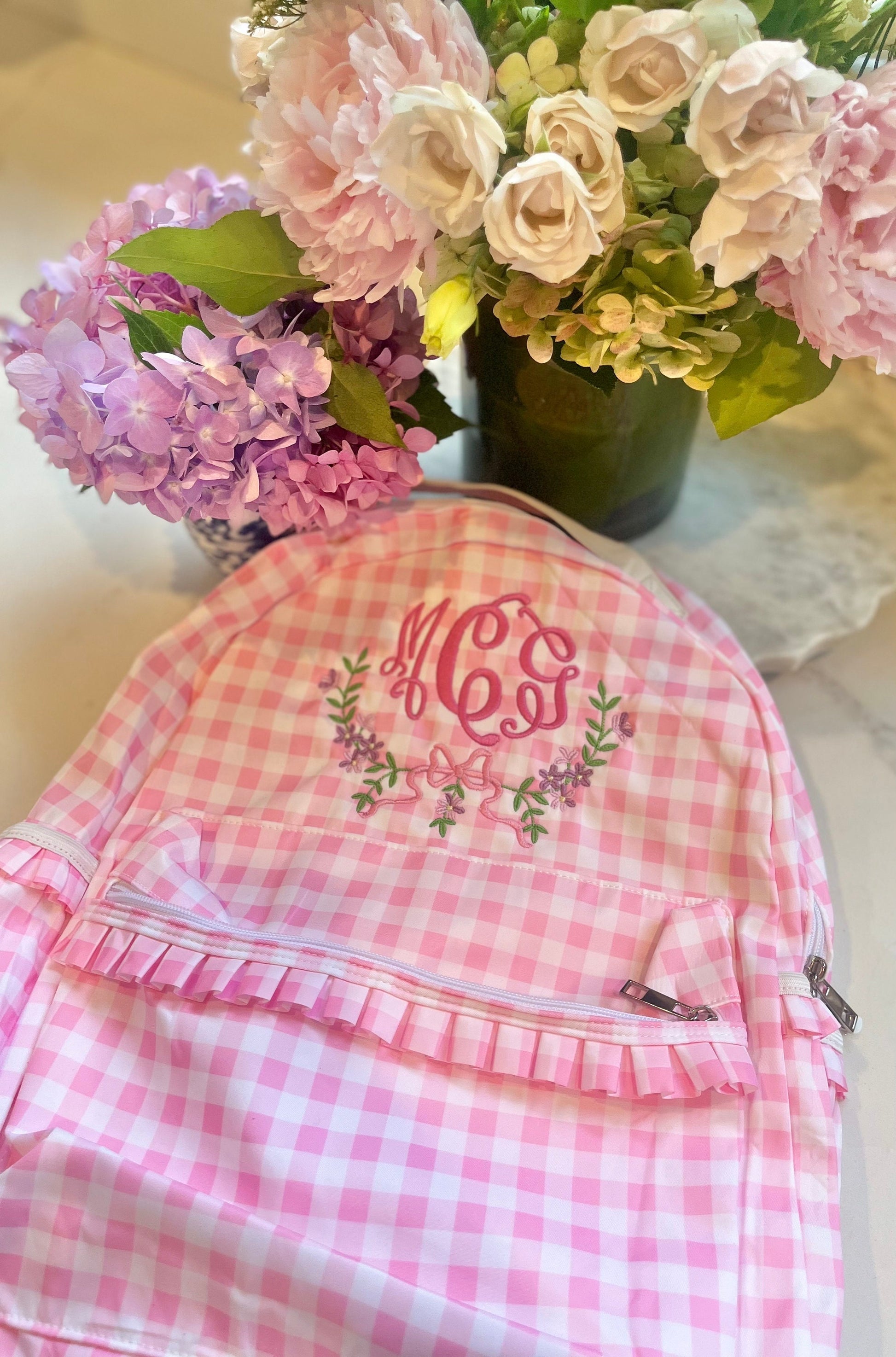 Monogrammed Child's Backpack, Personalized Backpack, Embroidered School Backpack, Applique Monogrammed Backpack, Gingham Child Backpack