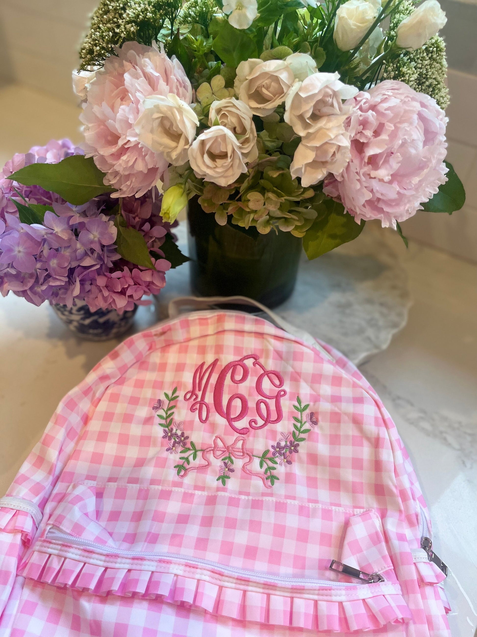 Monogrammed Child's Backpack, Personalized Backpack, Embroidered School Backpack, Applique Monogrammed Backpack, Gingham Child Backpack