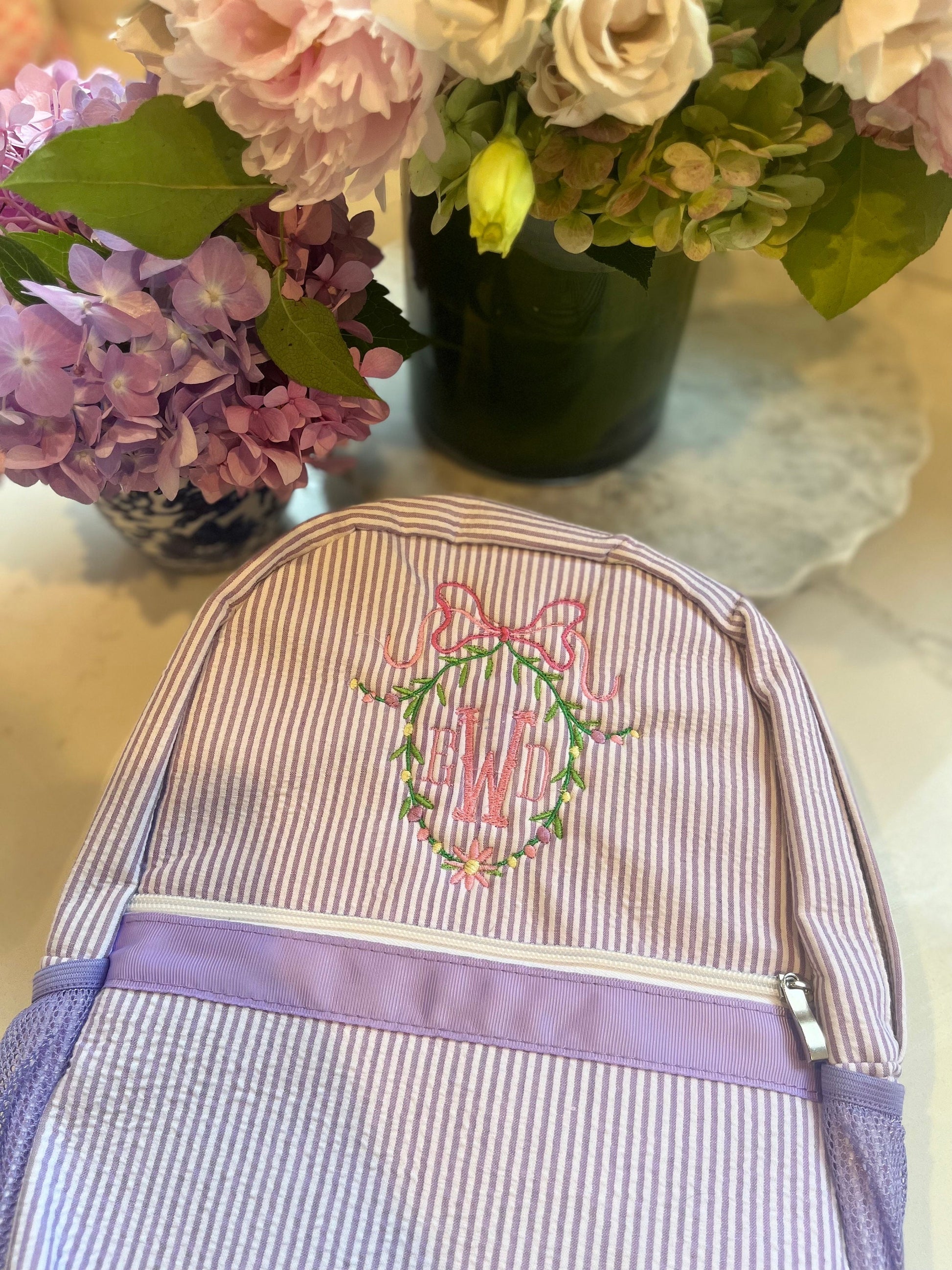 Monogrammed Seersucker Backpack, Personalized Toddler Backpack, Embroidered School Backpack, Applique Monogrammed Backpack, Toddler Backpack