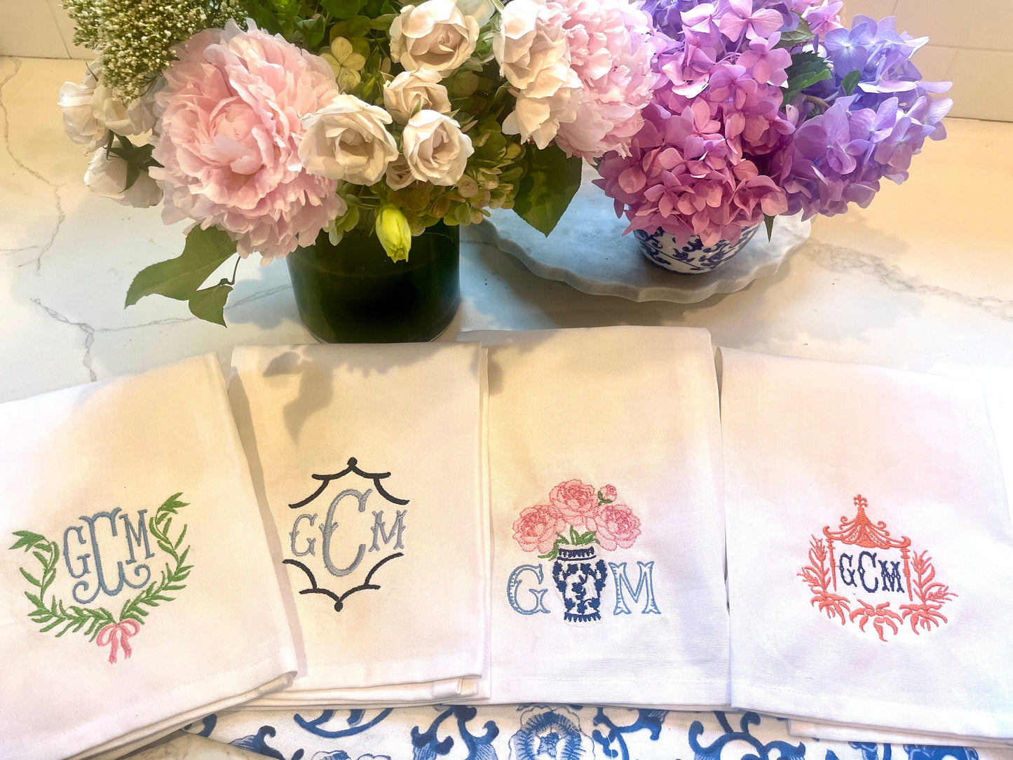 Monogrammed Kitchen Towel, Chinoiserie Kitchen Towel, Personalized Towel, Guest Bathroom, Embroidered Hand Towel, Wedding Gift, Lemon Pagoda