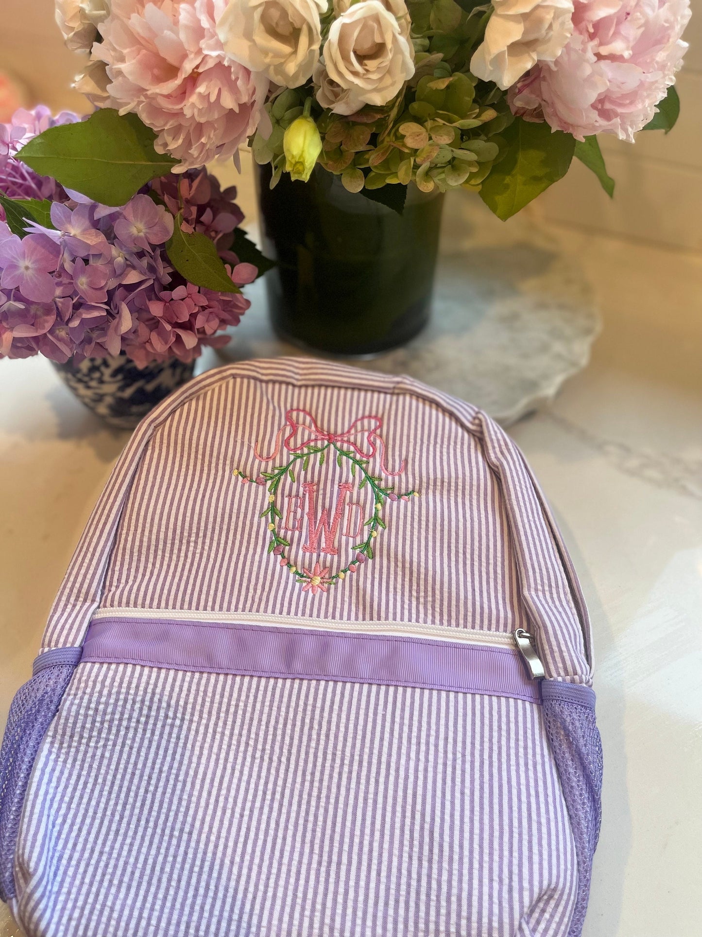 Monogrammed Seersucker Backpack, Personalized Toddler Backpack, Embroidered School Backpack, Applique Monogrammed Backpack, Toddler Backpack