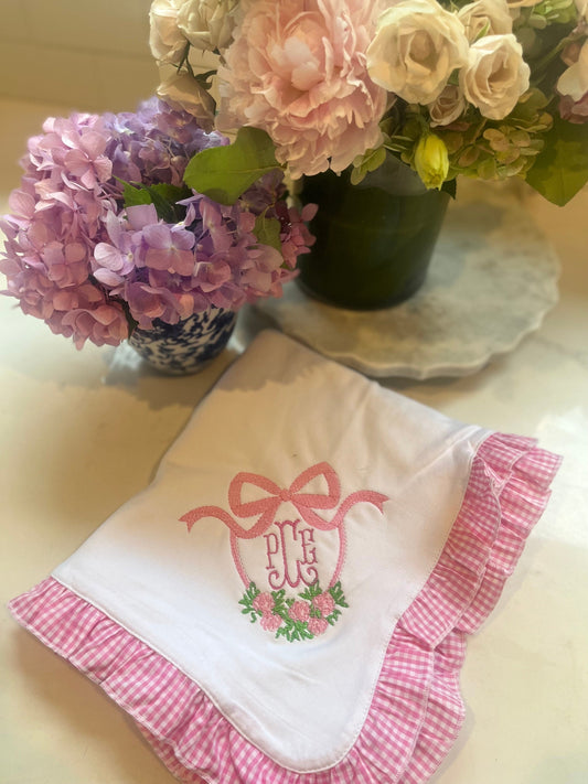 Personalized Pink Gingham Baby Blanket, Monogrammed Ruffle Stroller Blanket, Embroidered Infant Blanket, Welcome Gift, Baby Shower Present