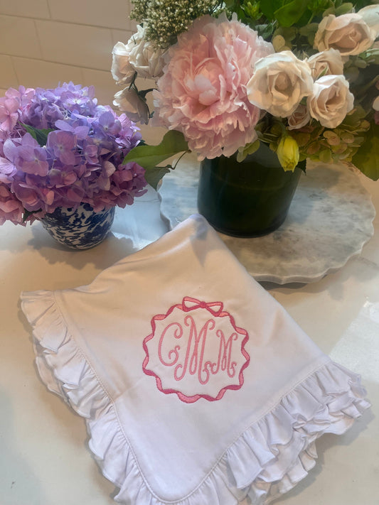 Personalized Ruffle Baby Girl Blanket, Monogrammed Ruffle Stroller Blanket, Embroidered Infant Blanket, Welcome Gift, Baby Shower Present