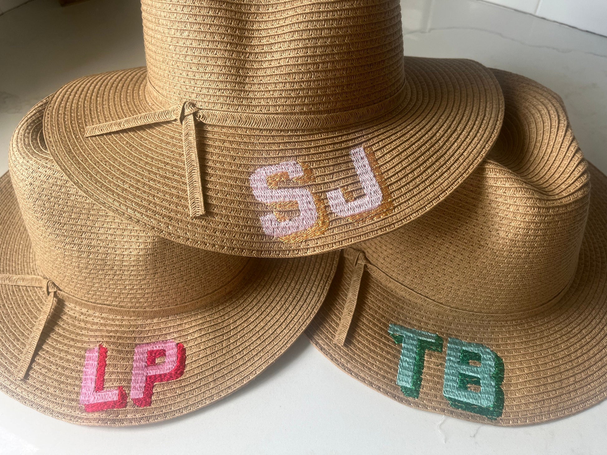 Monogram Straw Sunhat, Personalized Beach Hat, Embroidered Straw Fedora, Two Initial Shadow Monogram Hat, Bachelorette Gift, Teacher Gift