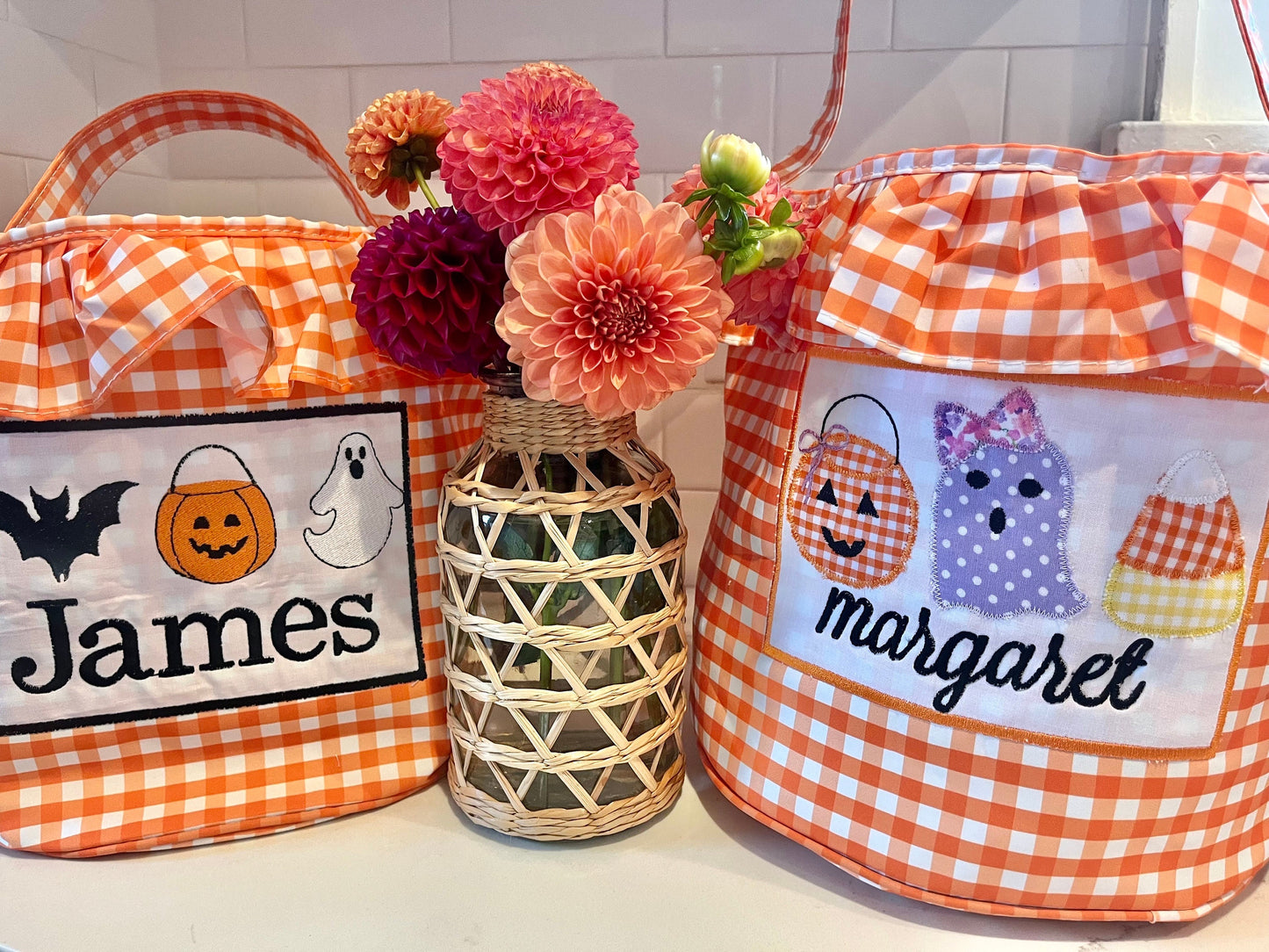 Personalized Halloween Bucket, Monogrammed Ruffle Halloween Bucket, Embroidered Ruffle Halloween Bucket, Personalized Trick or Treat Bucket