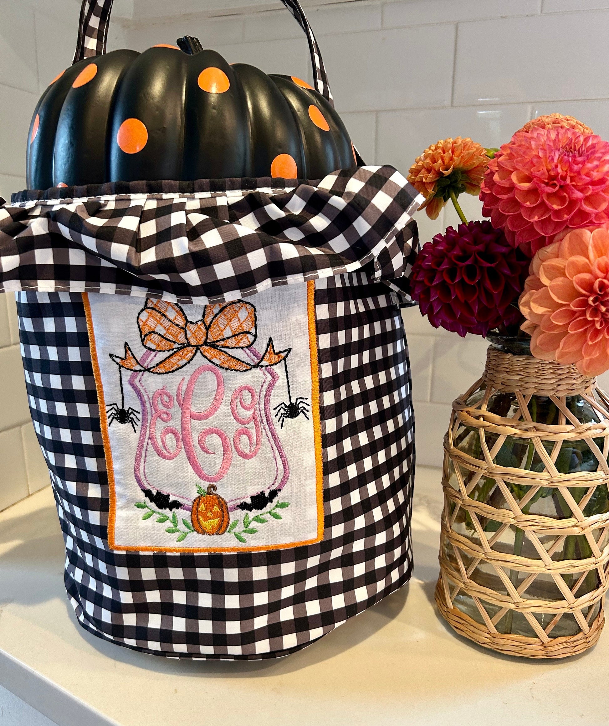 Personalized Halloween Bucket, Monogrammed Ruffle Halloween Bucket, Embroidered Ruffle Halloween Bucket, Personalized Trick or Treat Bucket