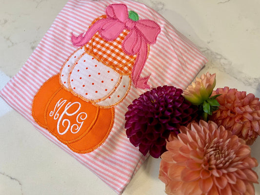 Pumpkin Ribbon Shirt, Monogrammed Halloween Shirt, Pumpkin Shirt, Applique Pumpkin Shirt, Halloween Pumpkin Shirt | Long Sleeve Fall Shirt,