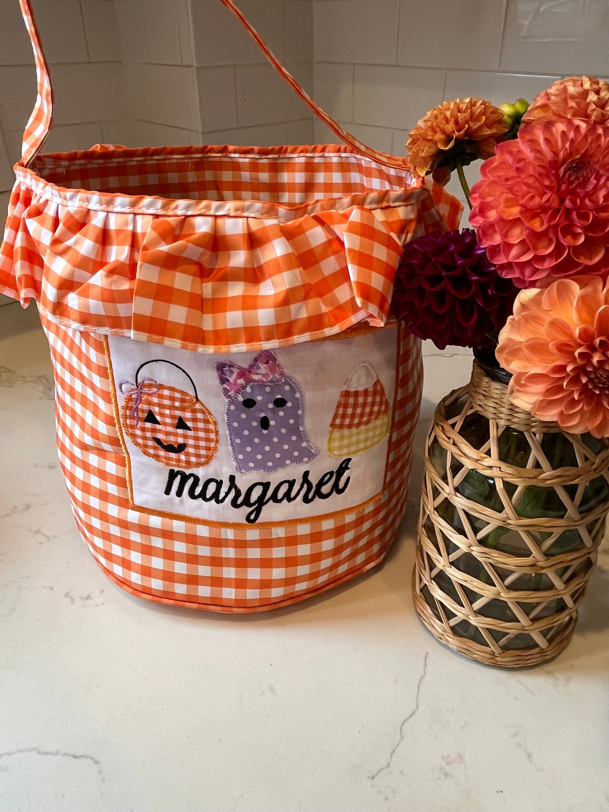 Personalized Halloween Bucket, Monogrammed Ruffle Halloween Bucket, Embroidered Ruffle Halloween Bucket, Personalized Trick or Treat Bucket