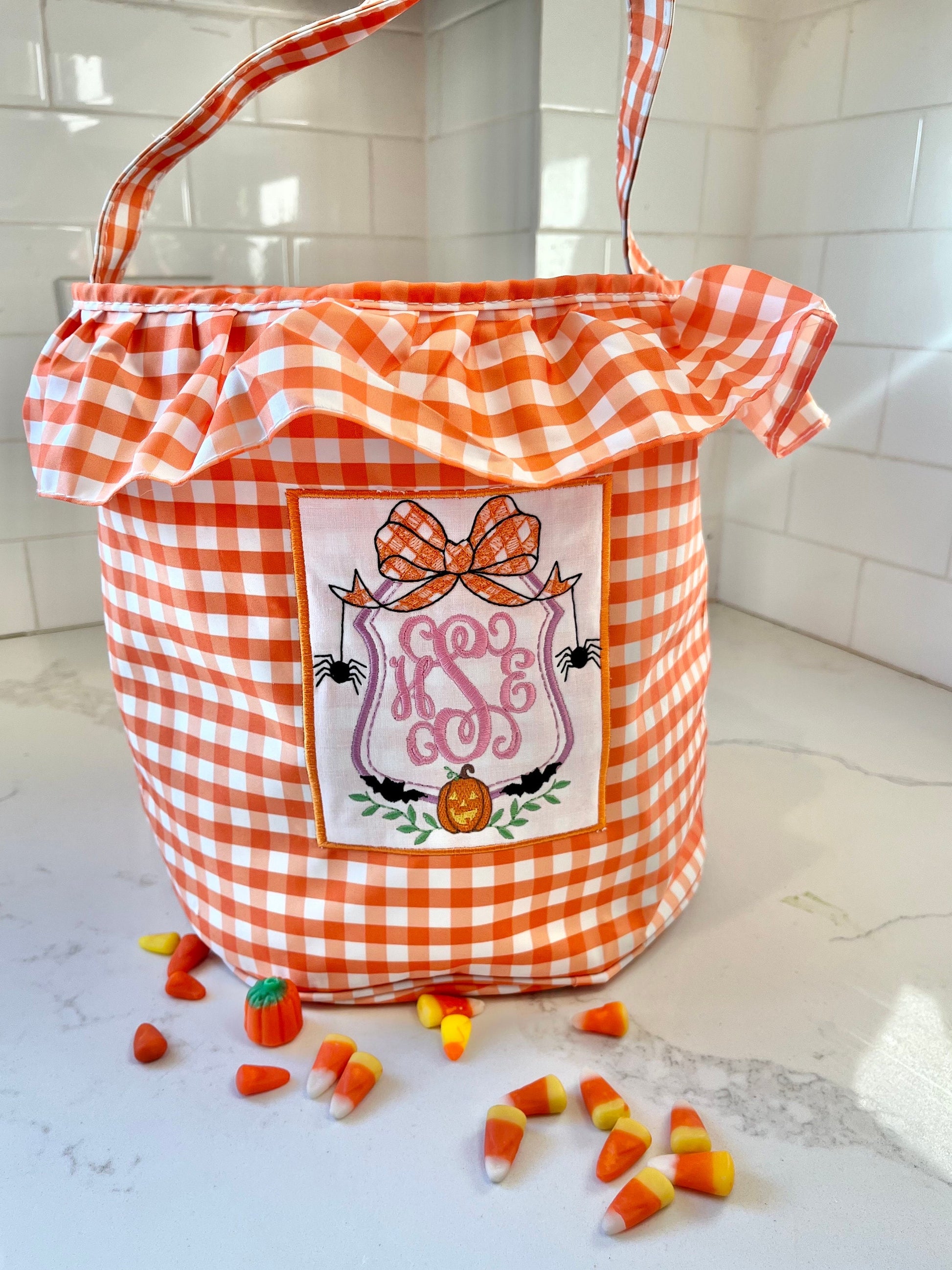 Personalized Halloween Bucket, Monogrammed Ruffle Halloween Bucket, Embroidered Ruffle Halloween Bucket, Personalized Trick or Treat Bucket