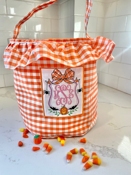 Personalized Halloween Bucket, Monogrammed Ruffle Halloween Bucket, Embroidered Ruffle Halloween Bucket, Personalized Trick or Treat Bucket